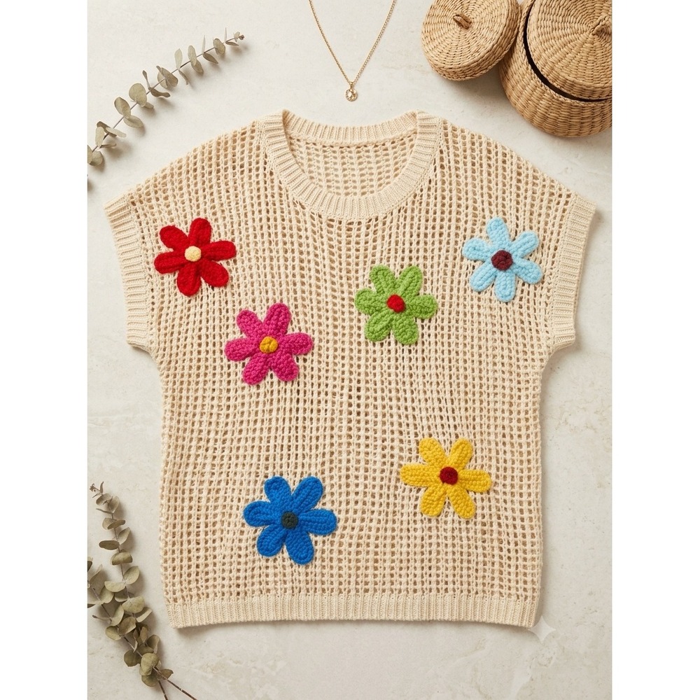 Cream Crochet Mesh Sweater Vest with Colorful Floral Appliques Crew Neck
